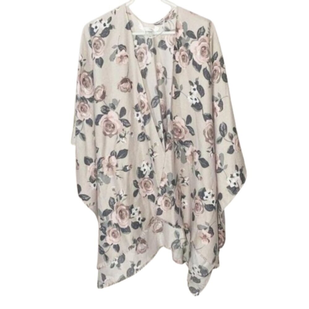 LC Lauren Conrad Brushed Floral Fringe Poncho Shrug Shawl - One Size